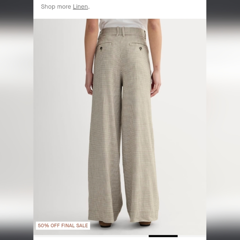 NWT Everlane Wide-Leg Pants in Stretch Linen, Deep Taupe Mini Gingham, Size 8 - Picture 4 of 14
